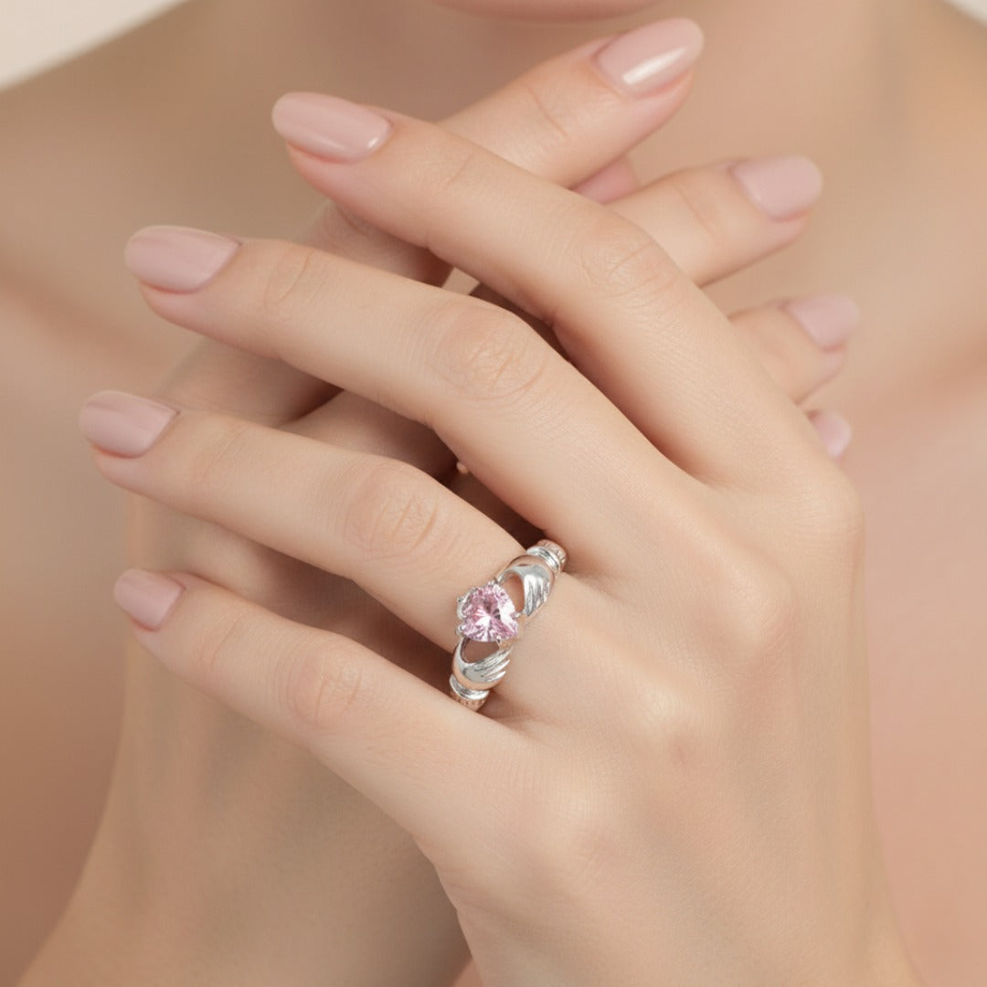 925 Sterling Silver Claddagh Love Ring with Sapphire Rose Heart CZ Stone Hands and Crown