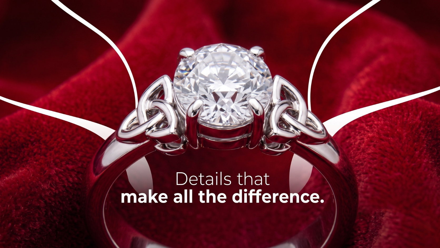 A close-up of a silver-toned ring with a large round clear gemstone and ornate side detailing, resting on a textured red fabric background. White text over the lower center reads, 'Details that make all the difference.