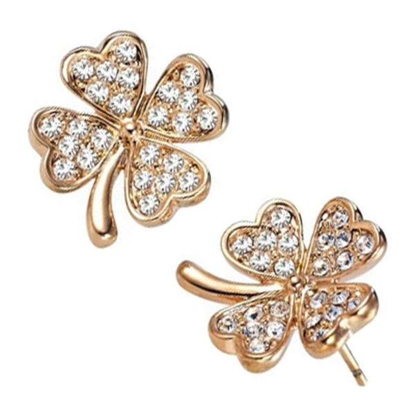 18K Yellow Gold Coated, 12 x 14mm Clover with 4 Leaves Paved with Crystals Earrings UPCO Jewelry