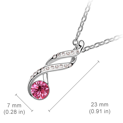 18K White Gold Coated Swirl Pendant Necklace with Round Crystal and 16 Clear White Crystal Studs - Pink