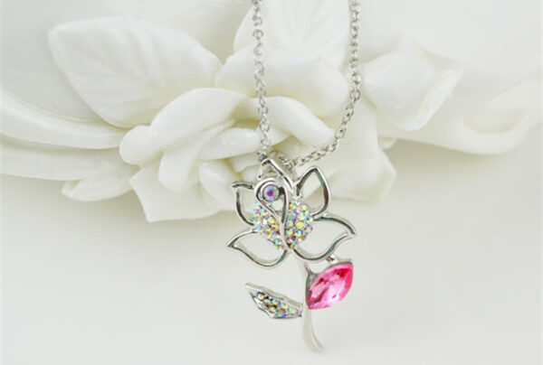 925 Sterling Silver Coated Rose Flower Pendant Necklace with Stone Embellishments and Sparkling Crystal - Sapphire Rose