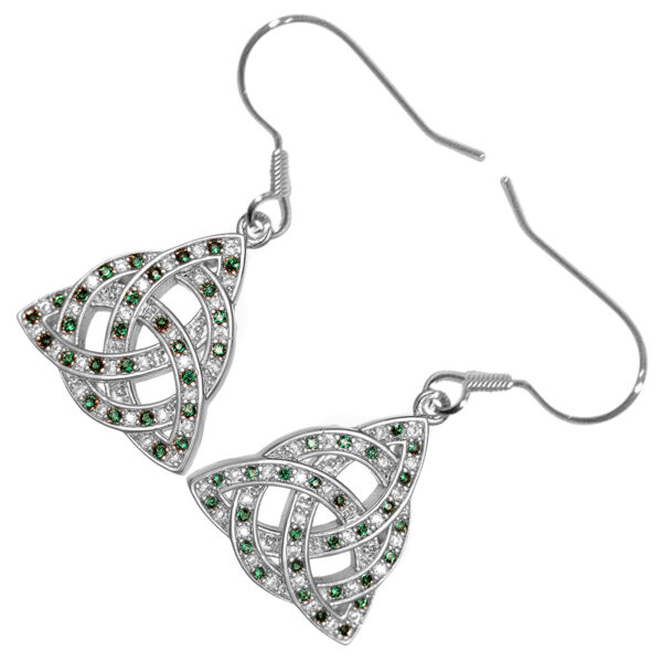 18K White Gold Coated Jewellery Set Celtic Trinity Knot Interlaced with Circle Ornated with CZ Stones Earrings and Pendant Necklace - Emerald Green