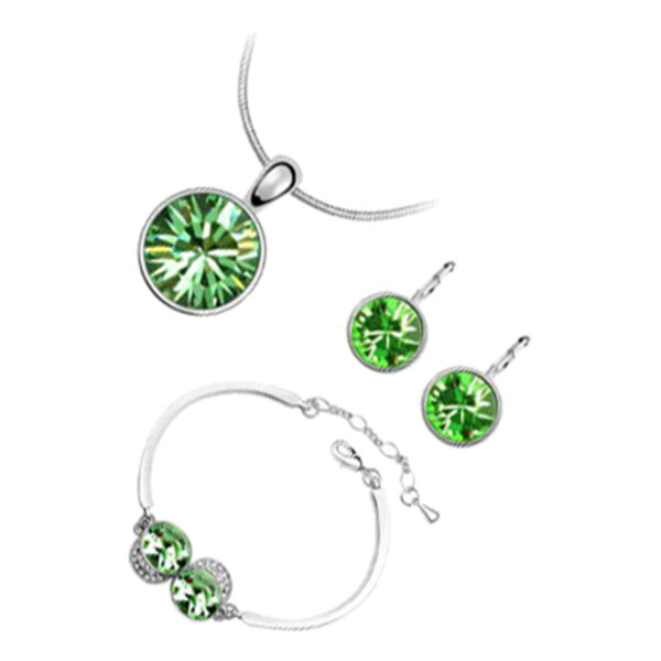 18K White Gold Coated Jewellery Set Pendant Necklace Earrings and Cuff Bracelet with Round Stones - Peridot Green