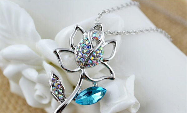Jewellery Set 925 Sterling Silver Coated Pendant Necklace and Earrings Rose Flower Embellished with Stones and Crystal Leaf - Aquamarine Blue
